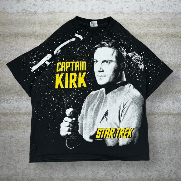 Vintage 1993 Captain Kirk Star Trek AOP Shirt Made in USA Black Short Sleeve 90s - Picture 1 of 5